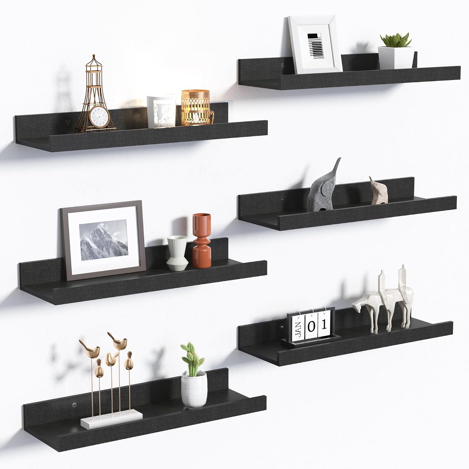 Wall-Mounted Wood Shelves, 15.7 in - 6 Pieces, Black