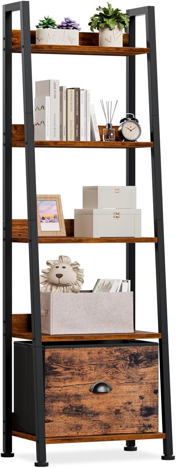5-Tier Ladder Bookshelf with Fabric Drawer, 55.6 in - Rustic Brown