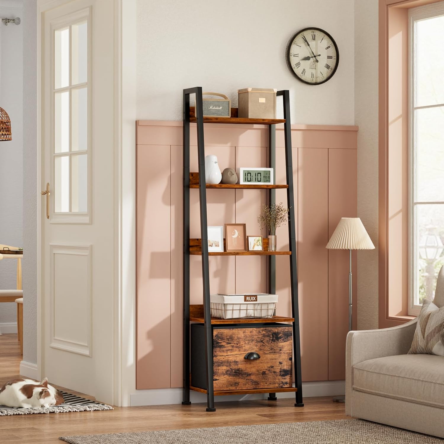 5-Tier Ladder Bookshelf with Fabric Drawer, 55.6 in - Rustic Brown