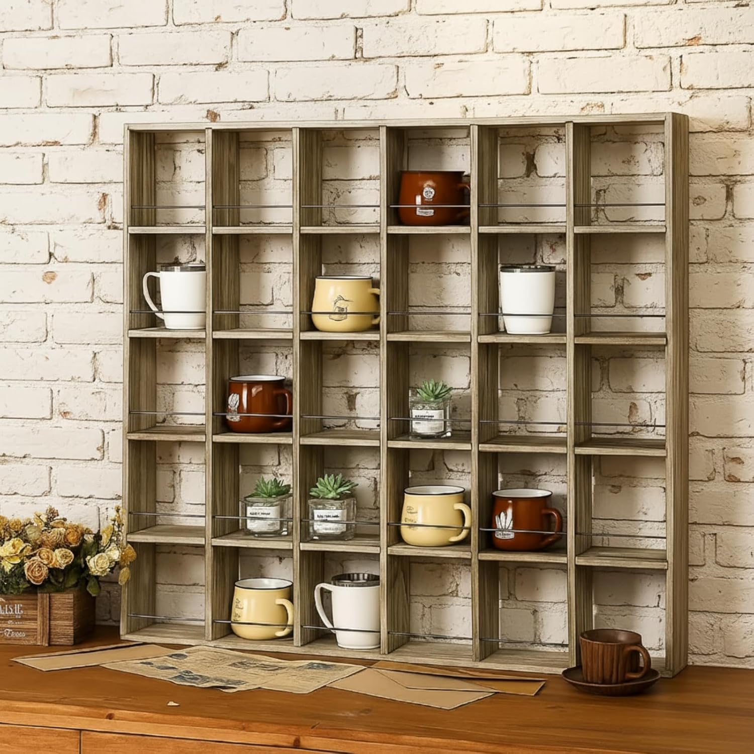 Wall-Mounted Mug Display Rack in Solid Wood, 5 x 6 Slots - Brown Shadow Box