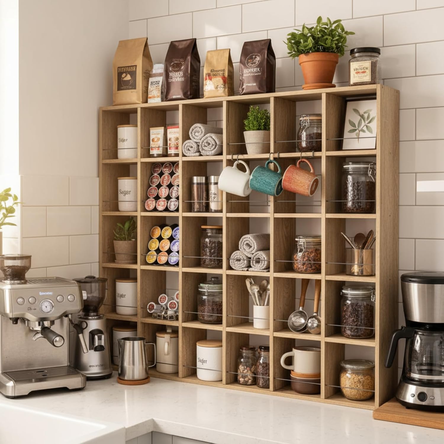 Wall-Mounted Mug Display Rack in Solid Wood, 5 x 6 Slots - Brown Shadow Box