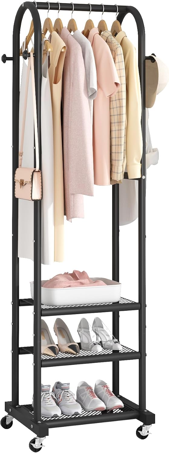 Mobile Garment Rack with Wheels and 3 Shelves, 71.8 in - Heavy Duty, Black