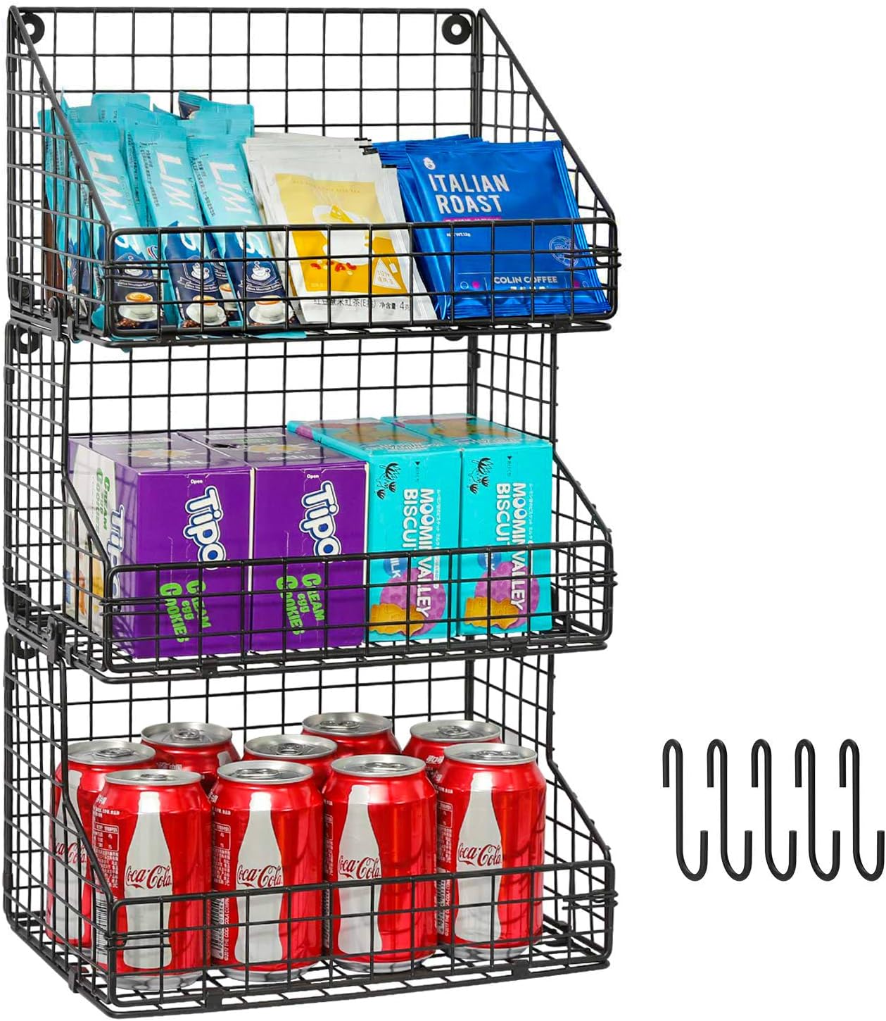 3-Tier Stackable Snack Organiser with 5 Hooks, 11.8 x 7.8 x 22 in - Wire Basket