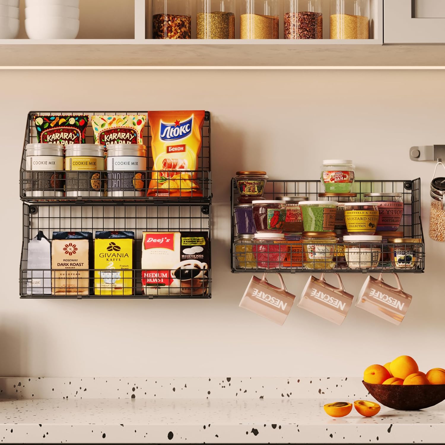 3-Tier Stackable Snack Organiser with 5 Hooks, 11.8 x 7.8 x 22 in - Wire Basket