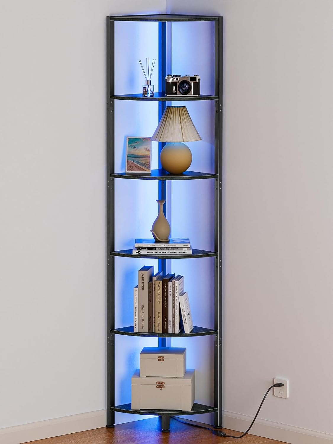 6-Tier Corner Shelf with LED Lighting, 67.5 in - Narrow, Black