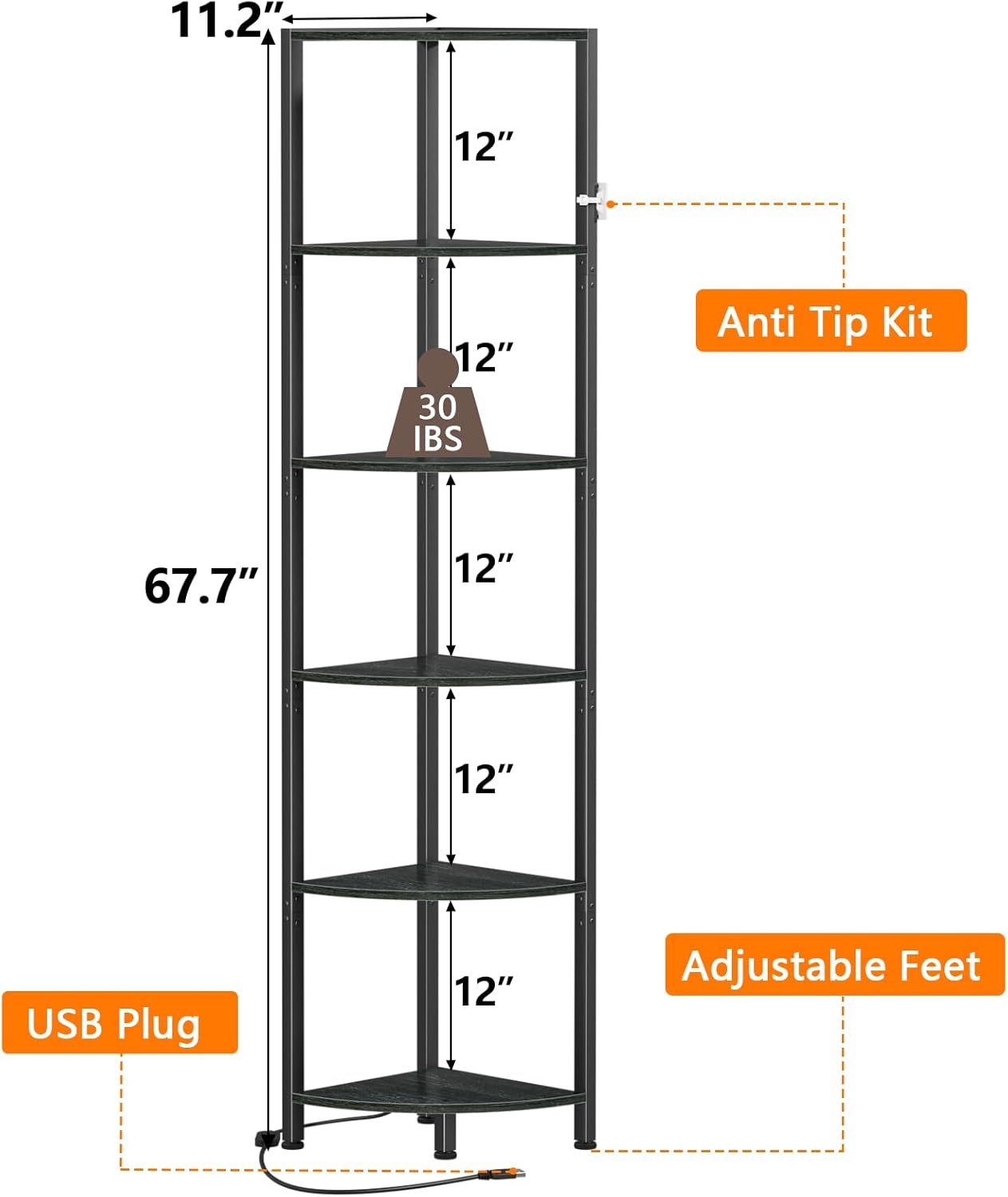 6-Tier Corner Shelf with LED Lighting, 67.5 in - Narrow, Black