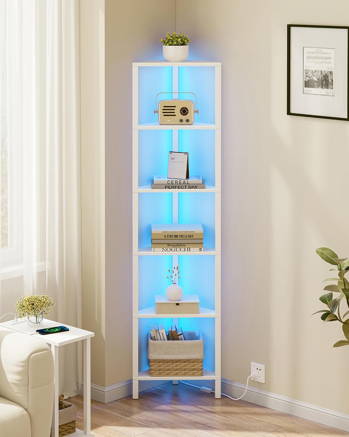 6-Tier Corner Bookshelf with LED Light, Narrow Display Stand - Pure White