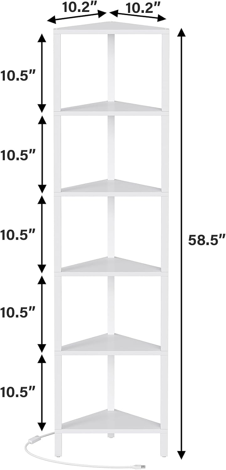 6-Tier Corner Bookshelf with LED Light, Narrow Display Stand - Pure White